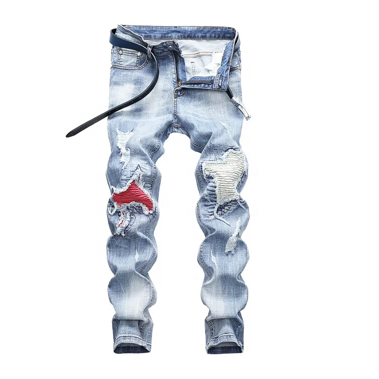 

Sky Blue Stretch Ripped to Fashion shreds Straight-Leg Denim Pants Jean Male Gentlemen, As below color card