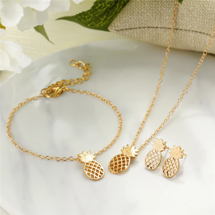 

Stainless Steel Jewelry Set Gold Color Necklace Earring Bracelet Jewelry Set Cute Pineapple Jewelry Set, Picture