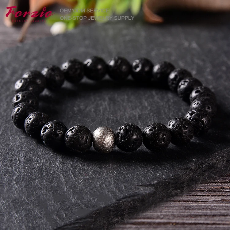

BN3007 wholesale matte stainless steel beads natural black lava stone beads bracelet for men jewelry