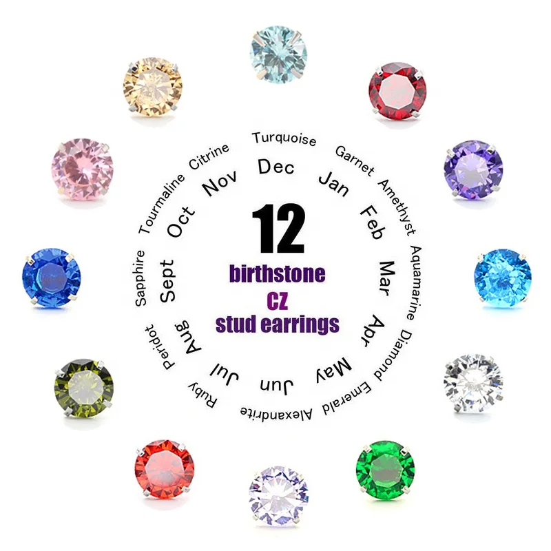

Wholesale 12 zodiac birthstone 925 Sterling Silver Round colorful Cut CZ Studs earrings 3~8MM girls promotional gifts