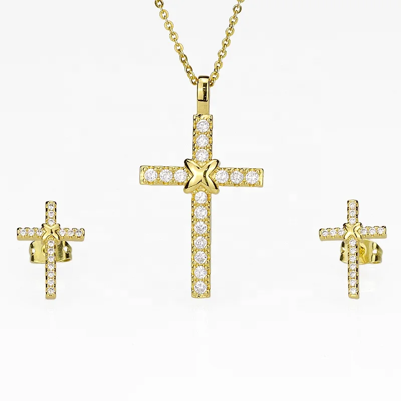 New Jewelry Zircon Gold Plated Cross Necklace and Stud Earring Set