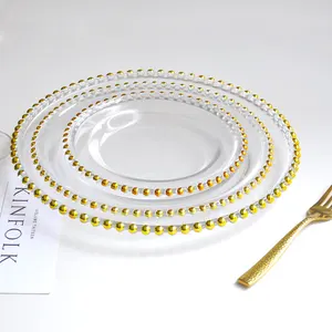 Image of Cake Dish Salad Colored Wedding Table Decoration Glass Charger Plate With Gold Rim