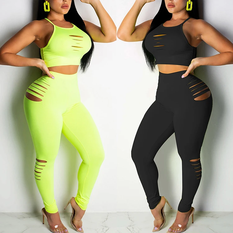 

Summer New Listing Two-Piece Vest Plus Five High Waist Ripped Pants Sexy Women 2 Piece Set Jumpsuits, As show
