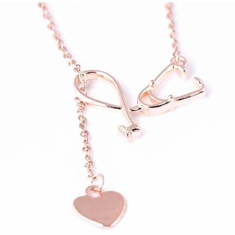 

New design fashion creative doctor stethoscope love pendant necklace exquisite peach heart clavicle chain wholesale, Multi