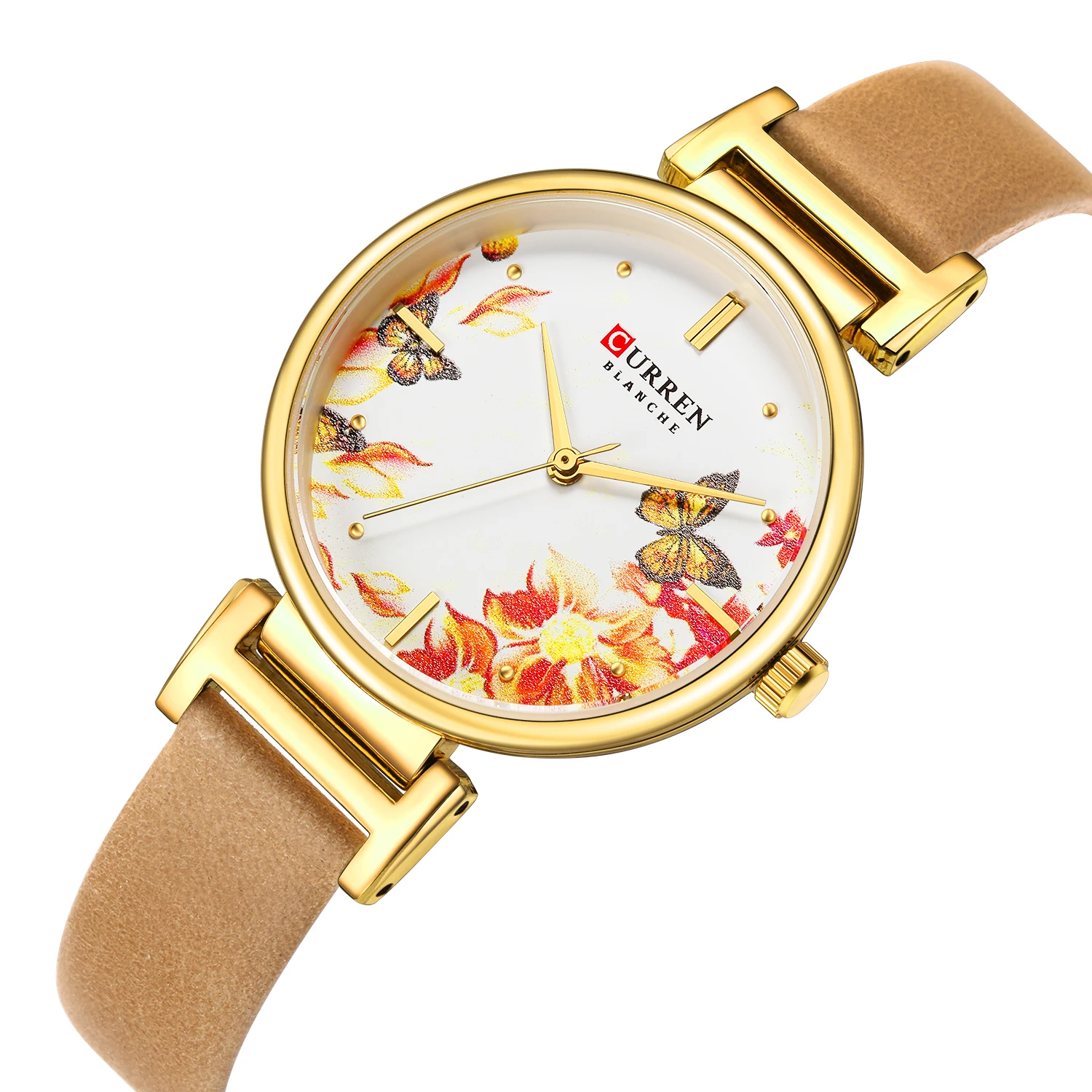 

2019 CURREN Women Blanche Series Lady Gold Watch Leather Strap With Chinese Element Dial Womens Butterfly Watch Women, As pictures