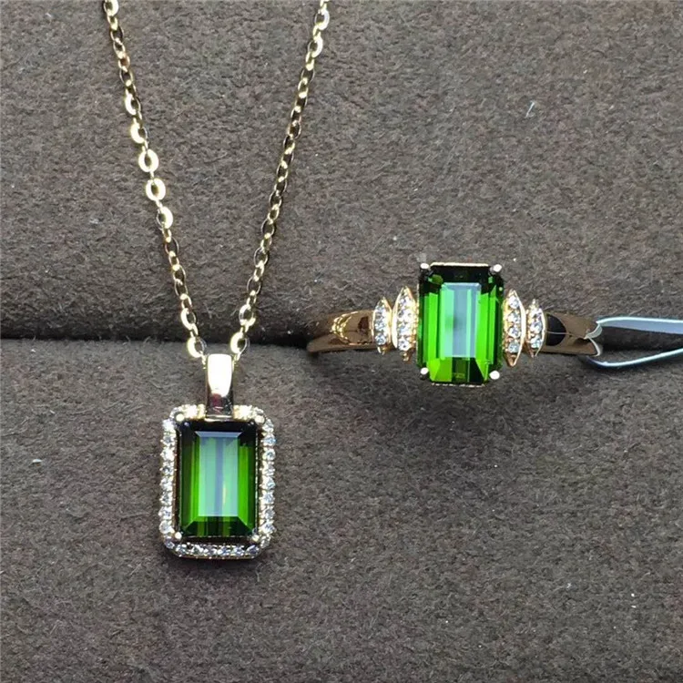 

18k Gold South Africa real diamond natural green tourmaline fashionable pendant necklace ring Jewelry Set for female