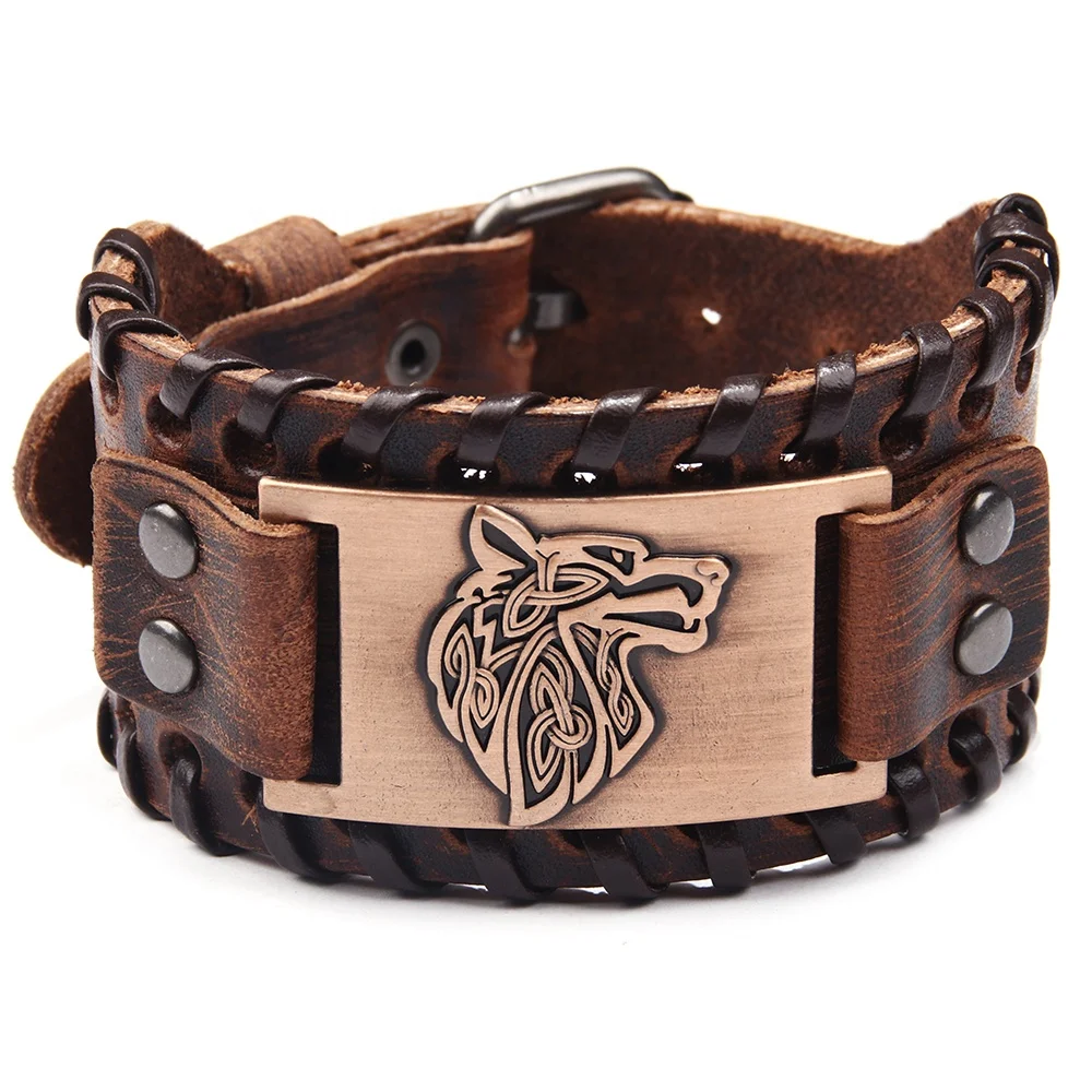 

Wholesale Genuine Leather Wolf Head Piece Bracelet for men women,Custom Animal Shape Embossed Bracelet, Brown;black+silver;black+bronze