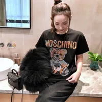 

2019 Summer Blouse Custom Printing Rhinestone Bear Cotton Short Sleeve Women T Shirt