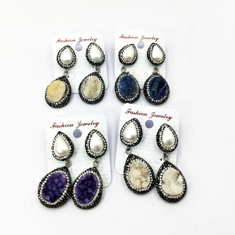 

Natural druzy dangle earrings Pave Crystal Rhinestone freshwater pearl dangle earrings for Women Fashion Jewelry, Gold