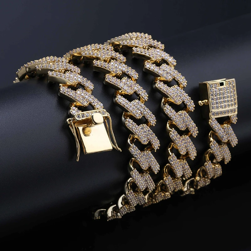 

14mm Miami Prong Cuban Chains Necklace For Men Gold Silver Hip Hop Iced Out CZ Zircon Rapper Necklace Chain Jewelry (SK225), As picture