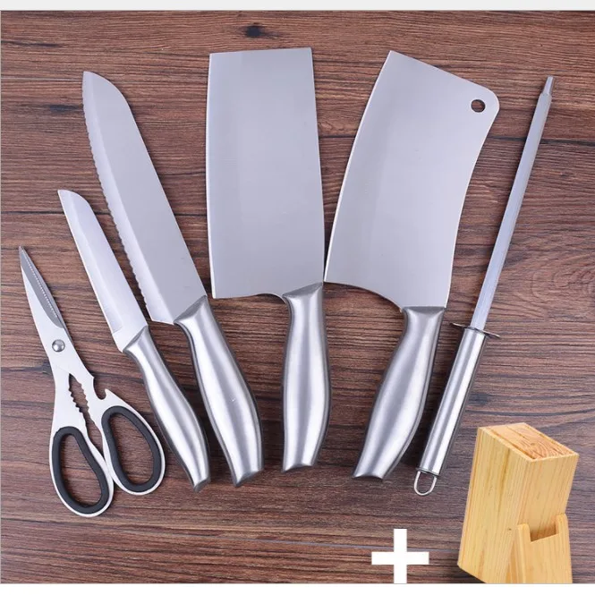 

7 Piece Professional Chef Kitchen Knife Utensils Set Stainless Steel Pakawood with Holder kitchen knives set, Silver