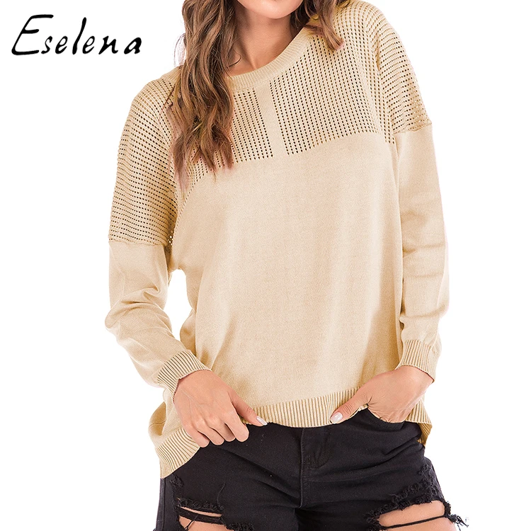 

Women Autumn Sexy Round Neck Hollow Out Long Sleeve Knitting Sweaters