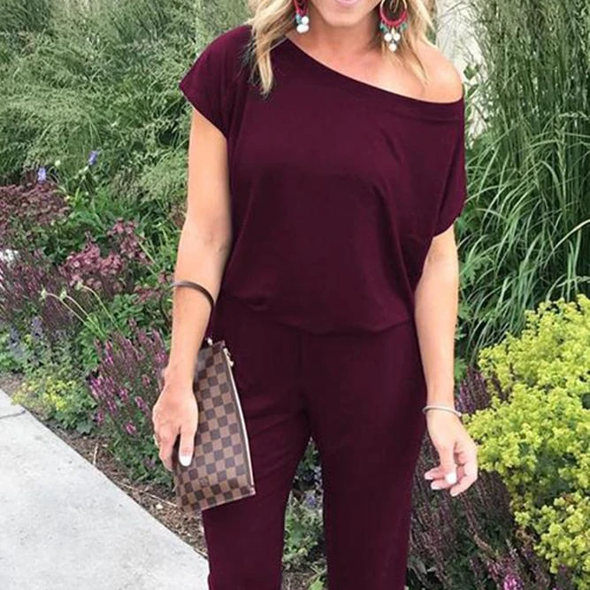

2019 Hot Style Fashion Women Jumpsuits Inclined Short Sleeves Pockets Jumpsuits, As picture