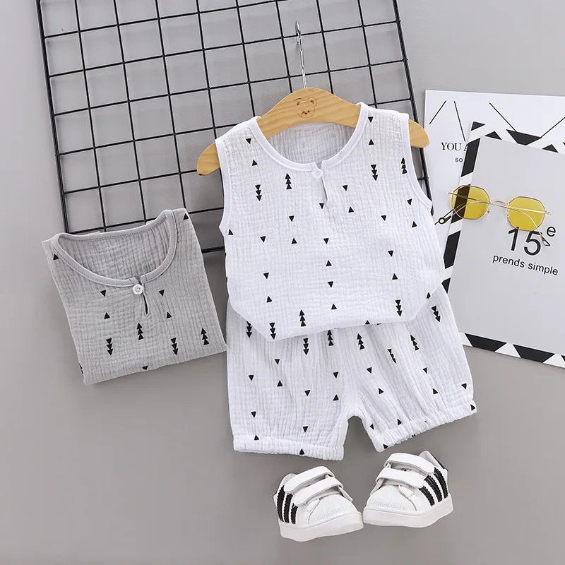 

Kids Clothes Summer Cotton Linen Boys Sets Sleeveless Shirt + Shorts Toddler Boys Children Clothing Set Outfits 0-4Y, White/gray