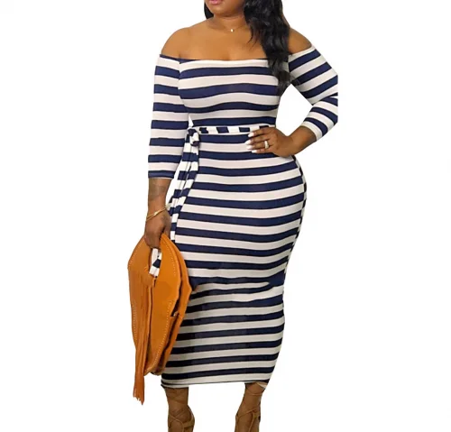

cupro milk silk long sleeve plus size high waist off shoulder woman striped dress with belt