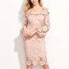 wholesale women clothing fashion off shoulder knee length pink long sleeve tight lace dress