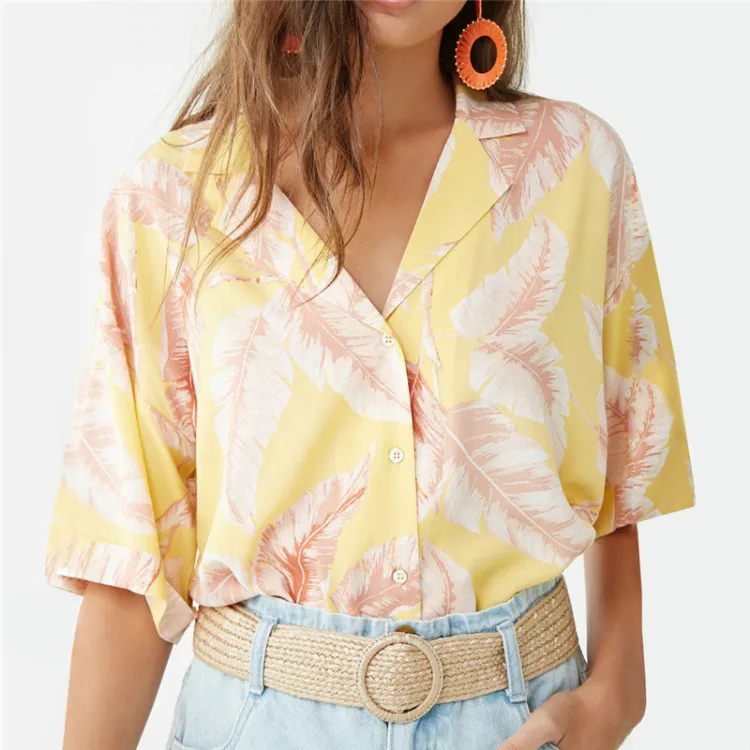 

Low moq womens clothing casual loose v neck short sleeve print chiffon blouse tops, Yellow;orange