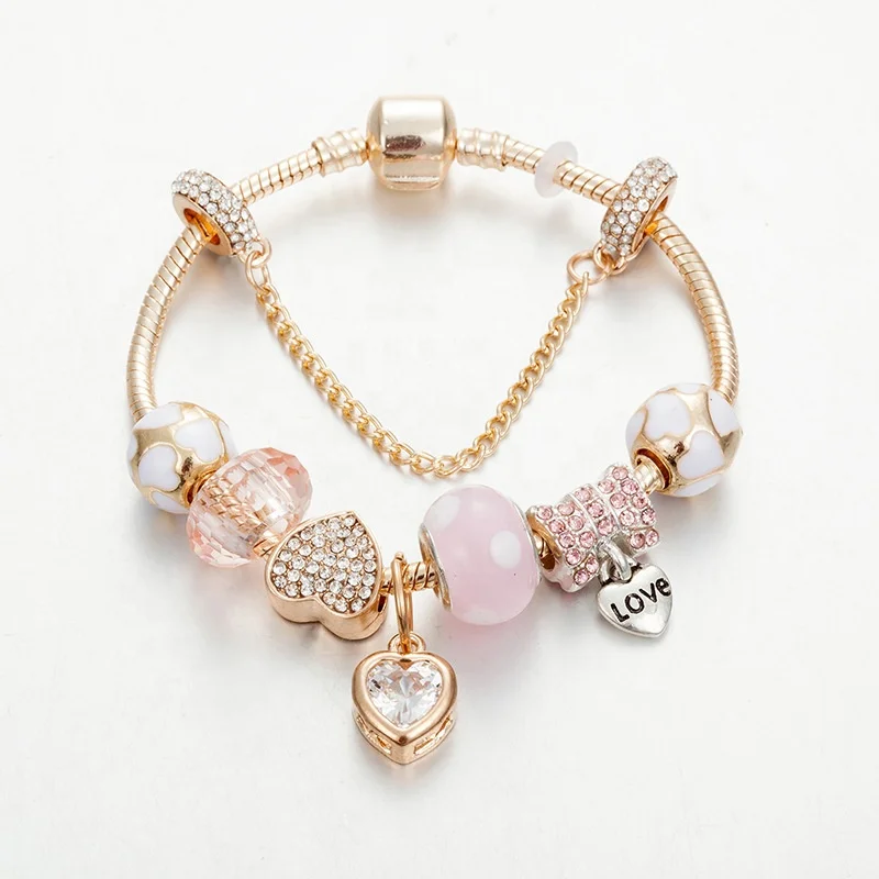 

Hot Sale Charm Bracelet Making, Gold Plated Chain Chamilia Bead Heart Pendant, Please check the color options