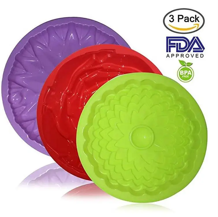 

3 Pack Food Grade Flower Shape Silicone Cake Bread Pie Flan Tart Mold, Green ,green,red or according to your request .