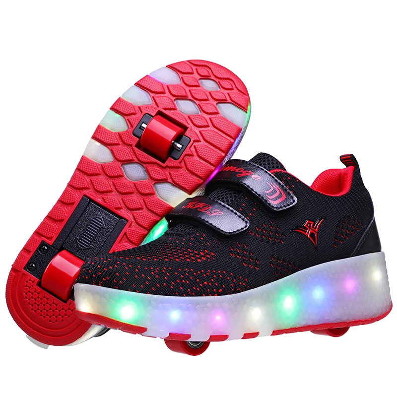 

USB Rechargeable LED Light Up Roller Shoes Wheel Skate Sneaker Shoes for Boys Girls Kids, Pink / blue