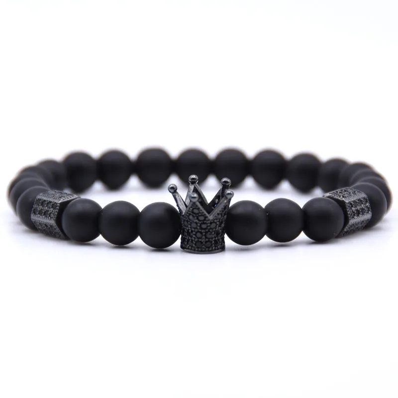 

Trendy CZ King Crown Charms Bracelet Matte Black Natural Lava Stone Beads Bracelet For Men Jewelry (SK253), As picture
