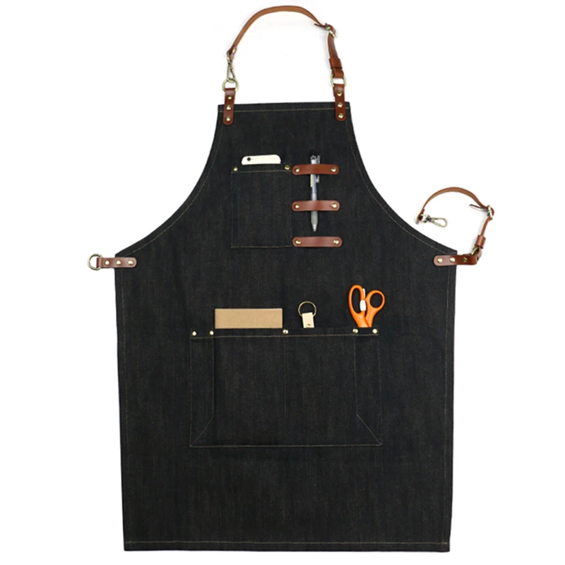 

Blue linen denim jean cowboy apron canvas waist cross back long apron for work barista, Customized color