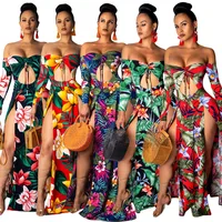 

SA3518 women latest fashion strapless printed high slit floral maxi dress