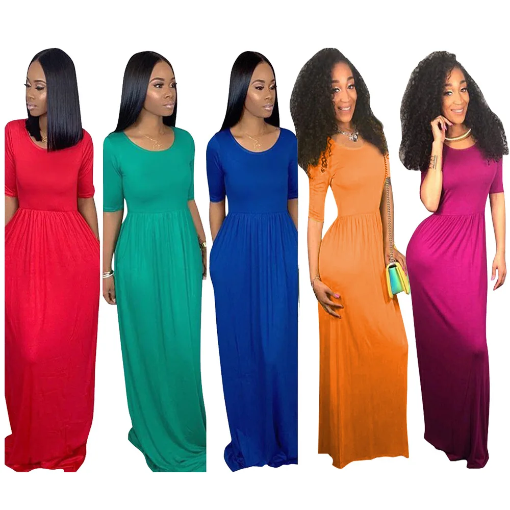 

MTS905 New Arrivals Summer Fashion Women Casual O-Neck Short Sleeve Loose Solid T-Shirt Maxi Dress