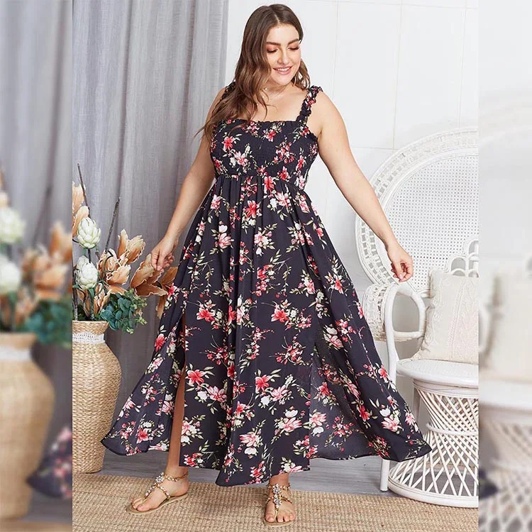 Summer Vacation Style Women Sling Boho Dress Plus Size Maxi Dress Floral Print Dress