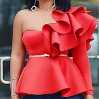 

Women Blouse Tops Shirts One Shoulder Sexy Peplum Ruffles Slim Party Wear 2019 Summer New Fashion Elegant Ladies White Red Bluas