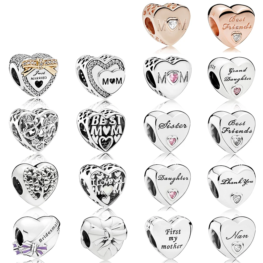 

100% 925 Sterling Silver Heart-shaped Love Family Beaded Charm Suitable DIY Mother's Day Bracelet Gift Wedding Jewelry