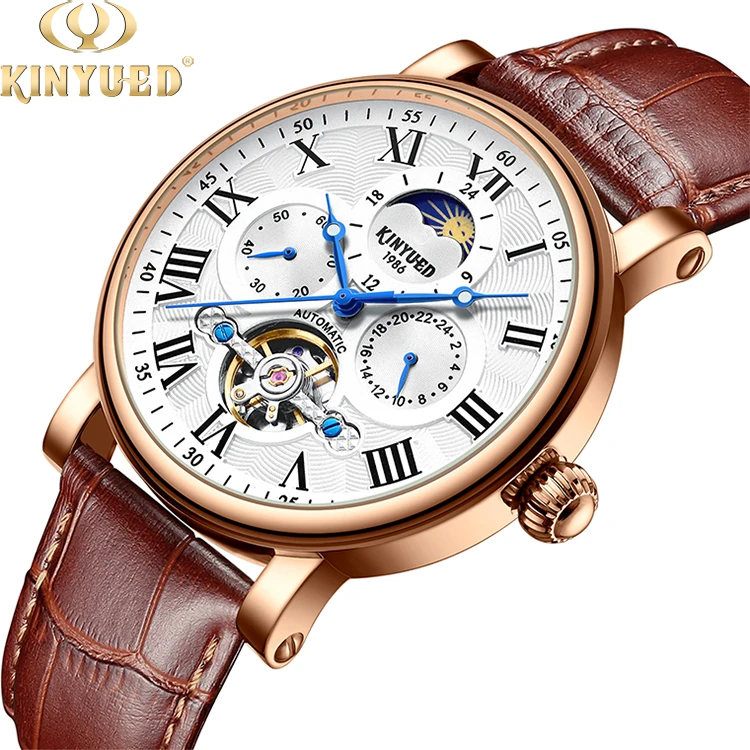 

KINYUED wristwatches automatic men moon phase luminous tourbillon skeleton mechanical watch