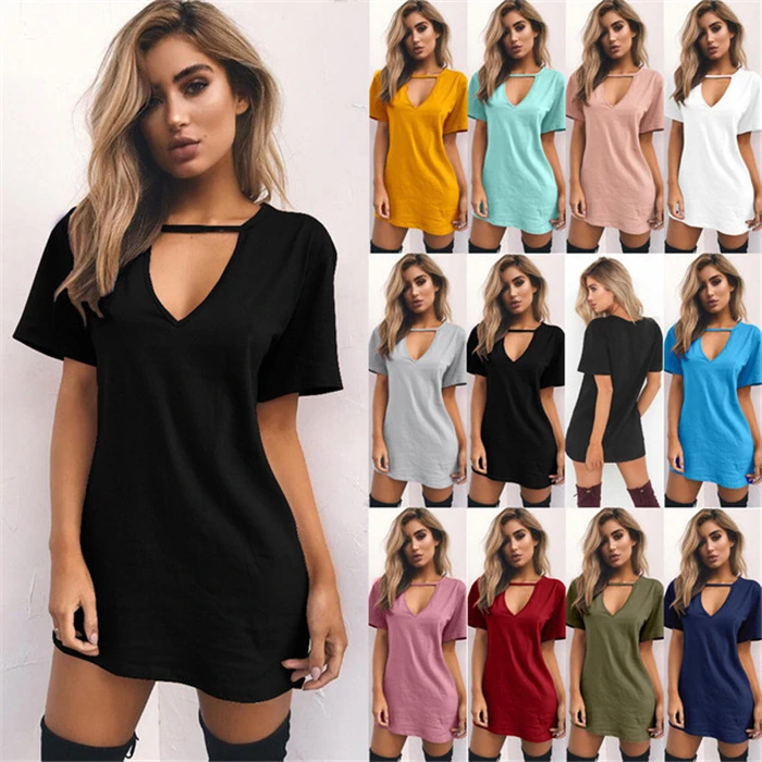 

2019 Fashionable Sexy Hot Selling New Pure V-neck Hollow Short Sleeve Dress T-shirt Skirt, Purple black yellow blue etc