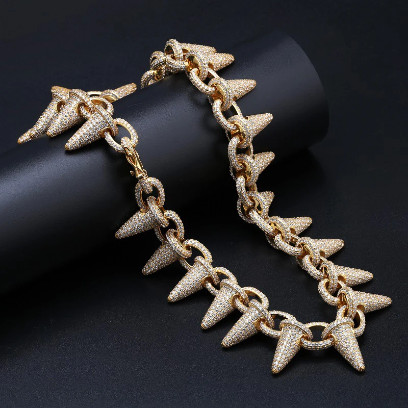 

Luxury Heavy Punk Rivet Spikes Choker Necklace Chain Link Bling Iced Out Cubic Zircon Men Hip Hop Jewelry Chain (SK221), As picture