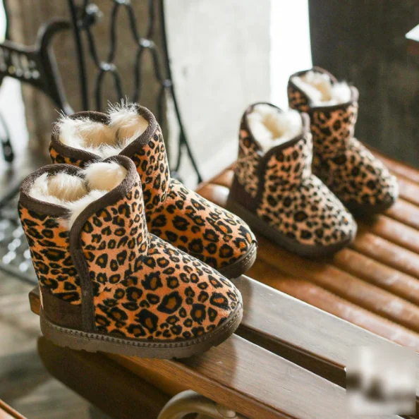 

Kids girls Winter Leopard Print Furry Lined Snow Ankle Boots Shoes Booties