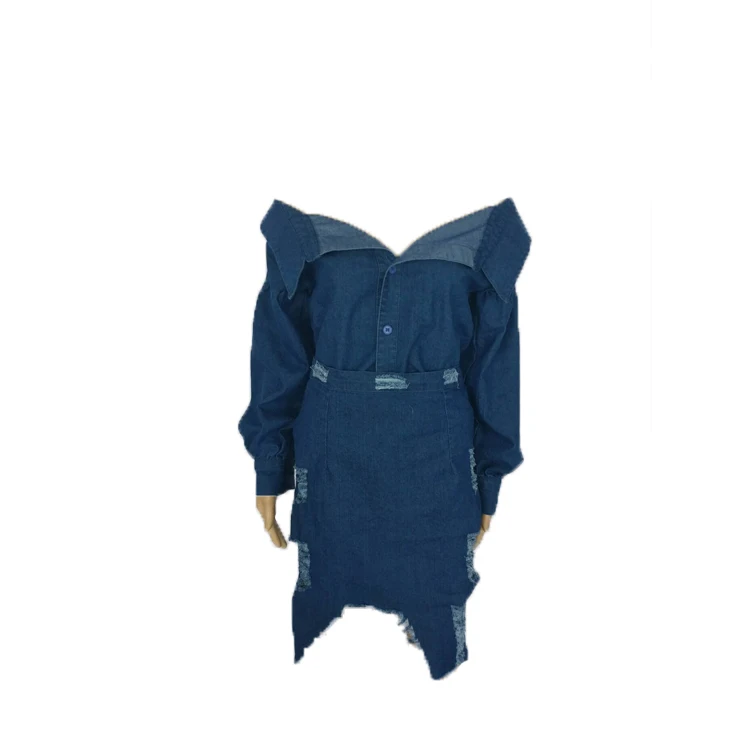 

Wholesale Women Off Shoulder Long Sleeve Denim Dress, Blue