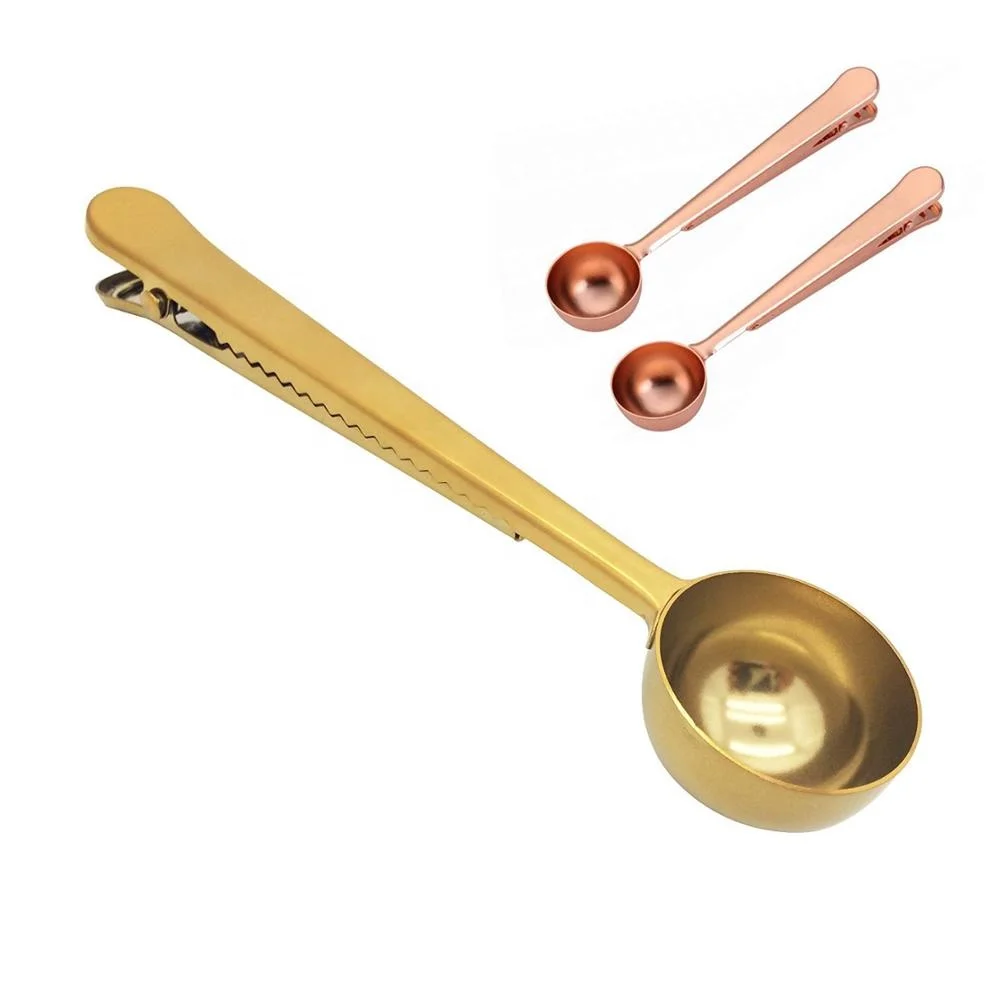 Coffee Scoop, Stainless Steel Golden Multi Function Coffee Measuring Spoon 0.5 oz with Integrated Bag Clip spoon