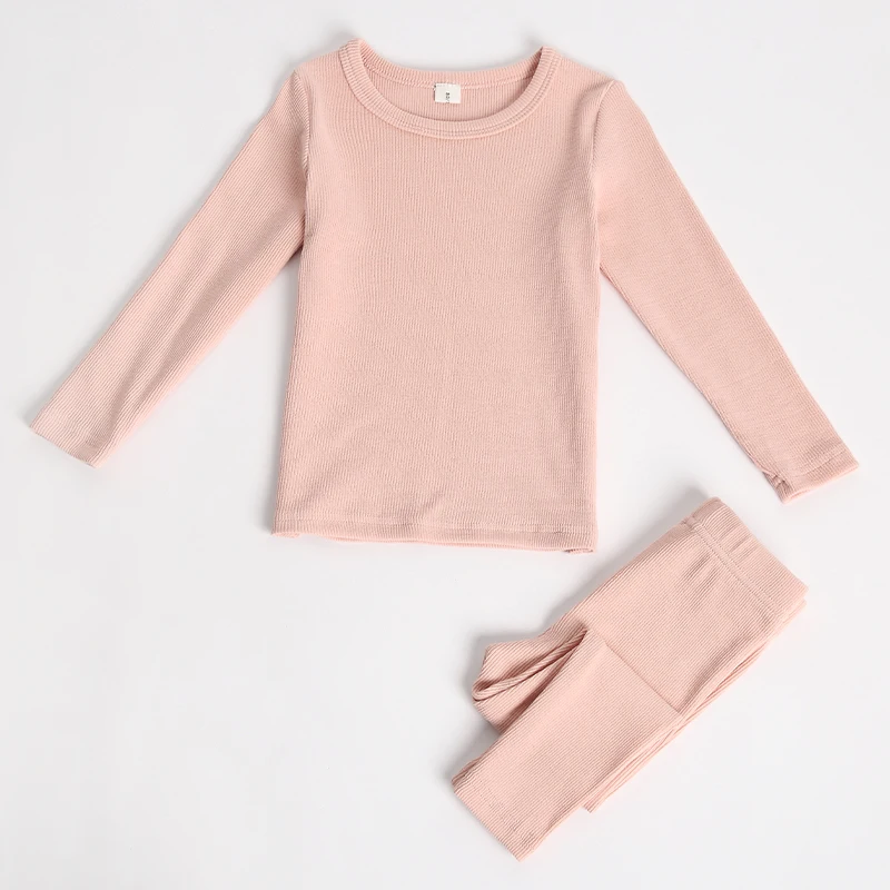 
children pajamas kids plain color ribbed cotton pajamas sets girls boys long sleeves sleepwear 