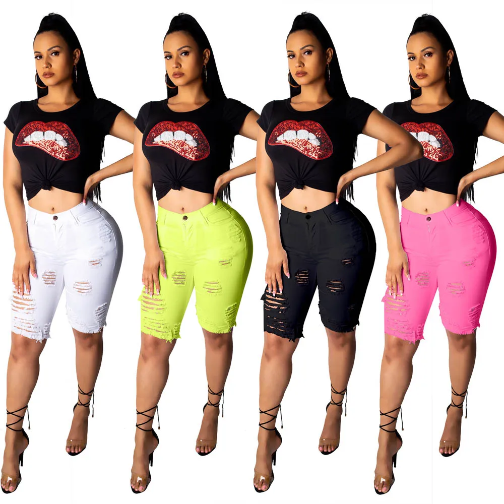 Ripped Denim Destroyed Mid Rise Stretchy Shorts Jeans For Women
