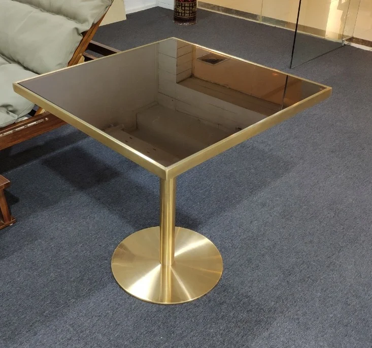 
Modern glass dining table set gold stainless steel base square dining table for restaurant furniture 