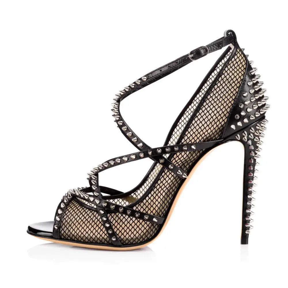 

Metal Rivets design Mesh High Heel Ladies Sexy women summer dance sandals, Black/apricot