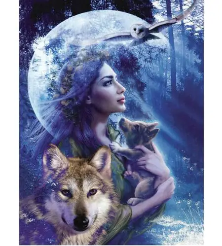 

Diy Resin Diamond Painting woman with wolf Cross Stitch Full Diamond Embroidery owl Elves Pattern Rhinestone Pasted Mosaic