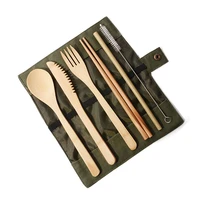 

5pcs Camping Outdoor disposable bamboo wooden travel cutlery set with pouch