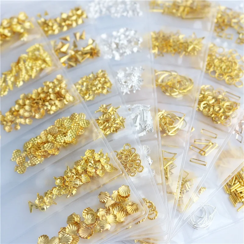 

Fangxia Professional Wholesale New Flat Shape Alloy Design Gold Rivet Shell Slider Nail Studs 3D DIY Nail Art Decorations, Gold/silver/rose gold