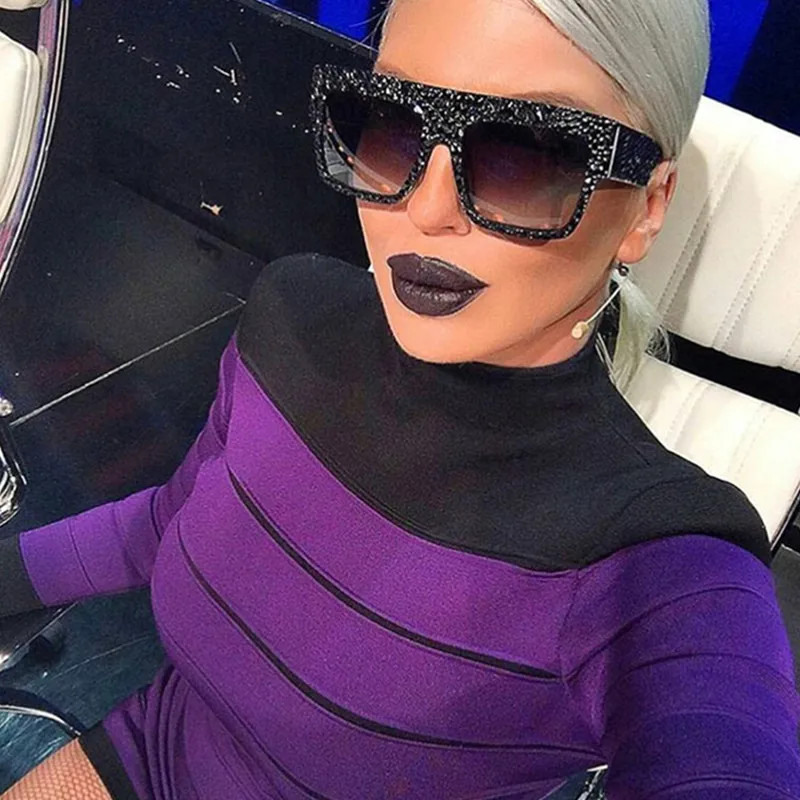 

HBK 2020 Newest Fashion Ladies Oversized Square Sunglasses Women Brand Designer Luxury Crystal Decorative Wide Sunglasses