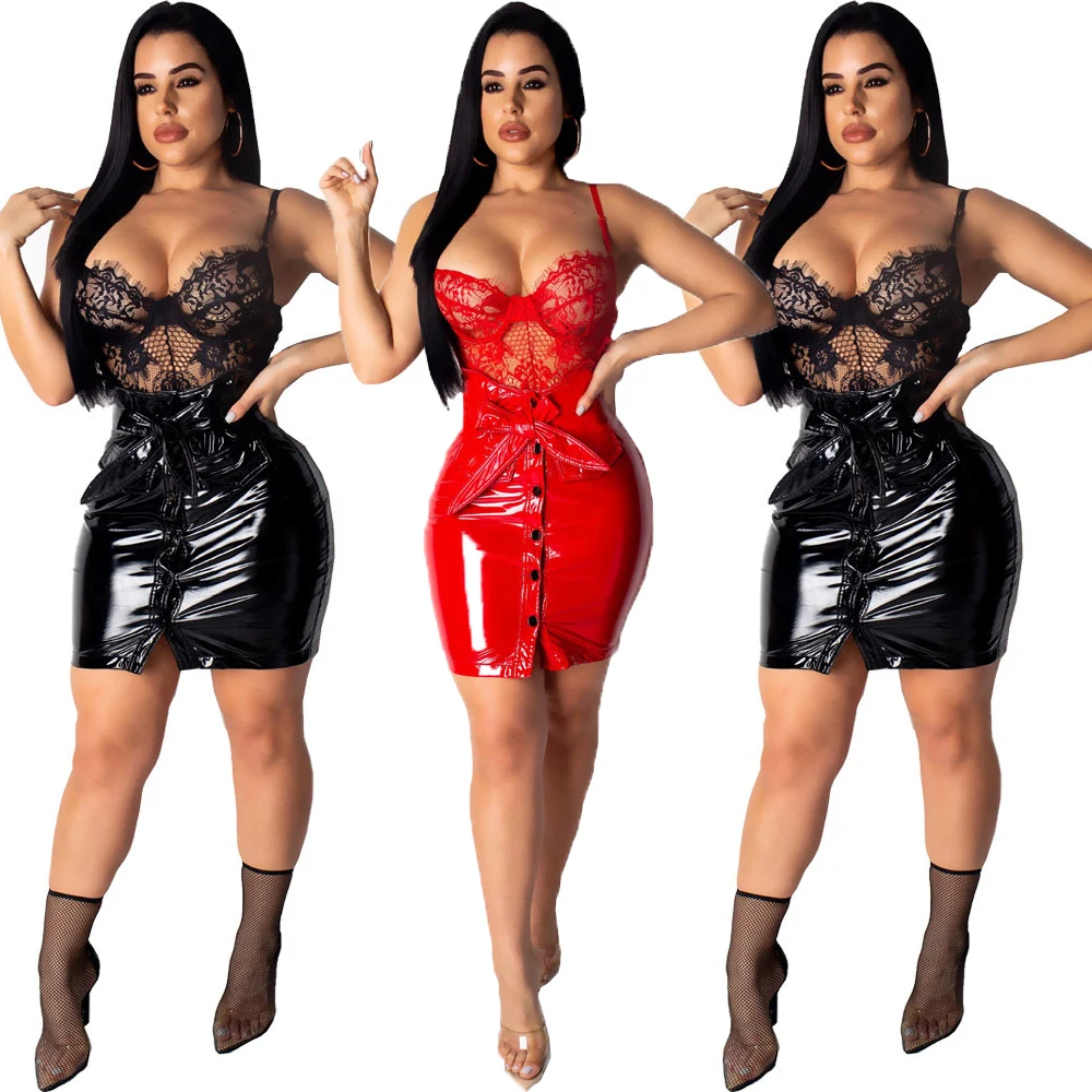 

SAG5096 new models bow design pu bodycon micro sexy girl mini skirt, Red, black