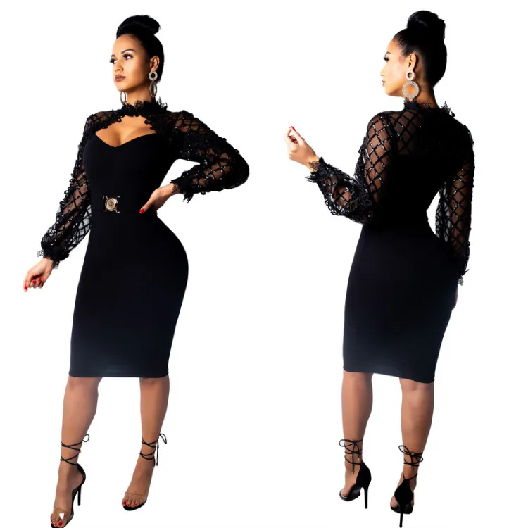 

Wholesale Cut Out Sexy Women Dress with Sequin Mesh Sleeves Black Knee Length Bodycon Dress Club Party Hot Night Dress, Black;wine