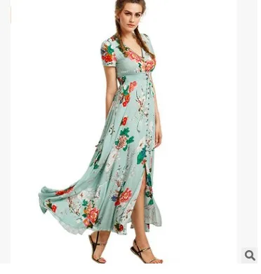 

2019 Women's Bohemian Floral Printed Wrap V Neck Short Sleeve Split Beach Party Maxi Dress