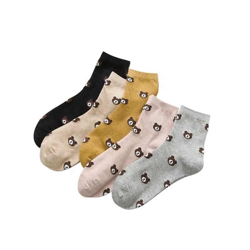 

Cute Japan College Fashon Solid Color With Cartoon Bear Cotton Quarter Socks Ladies, As pic