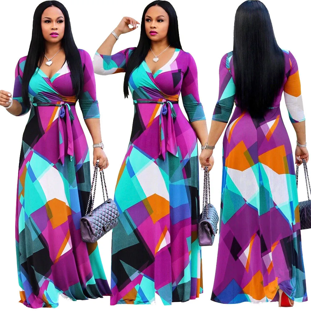 

SAYM8255 fashion printed deep v neck bandage sexy women long sleeve maxi dress, As pictures showed